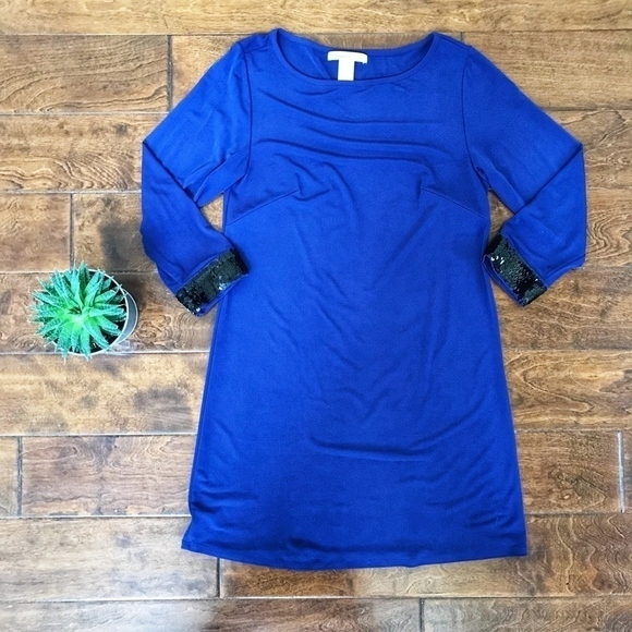 Laundry by Design Navy Blue w/ Black Sequin Cuffs Shift Knee Length Dress US 6 - Picture 4 of 4